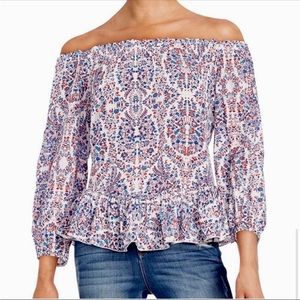 Rebecca Taylor silk floral paisley print off the shoulder ruffle hem blouse